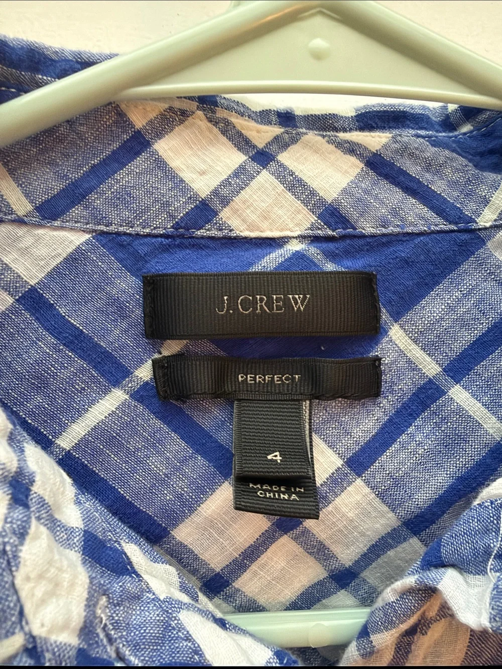 J. Crew Perfect Blue and White Plaid Long-Sleeve Button-Down Shirt size 4